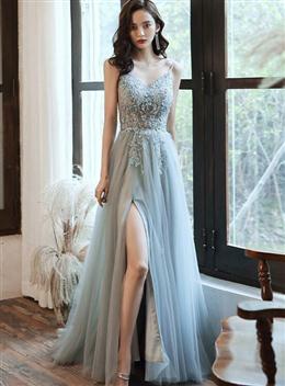 Picture of Pretty Grey V-neckline Straps Beaded Slit Long Formal Dresses, Grey Evening Gown